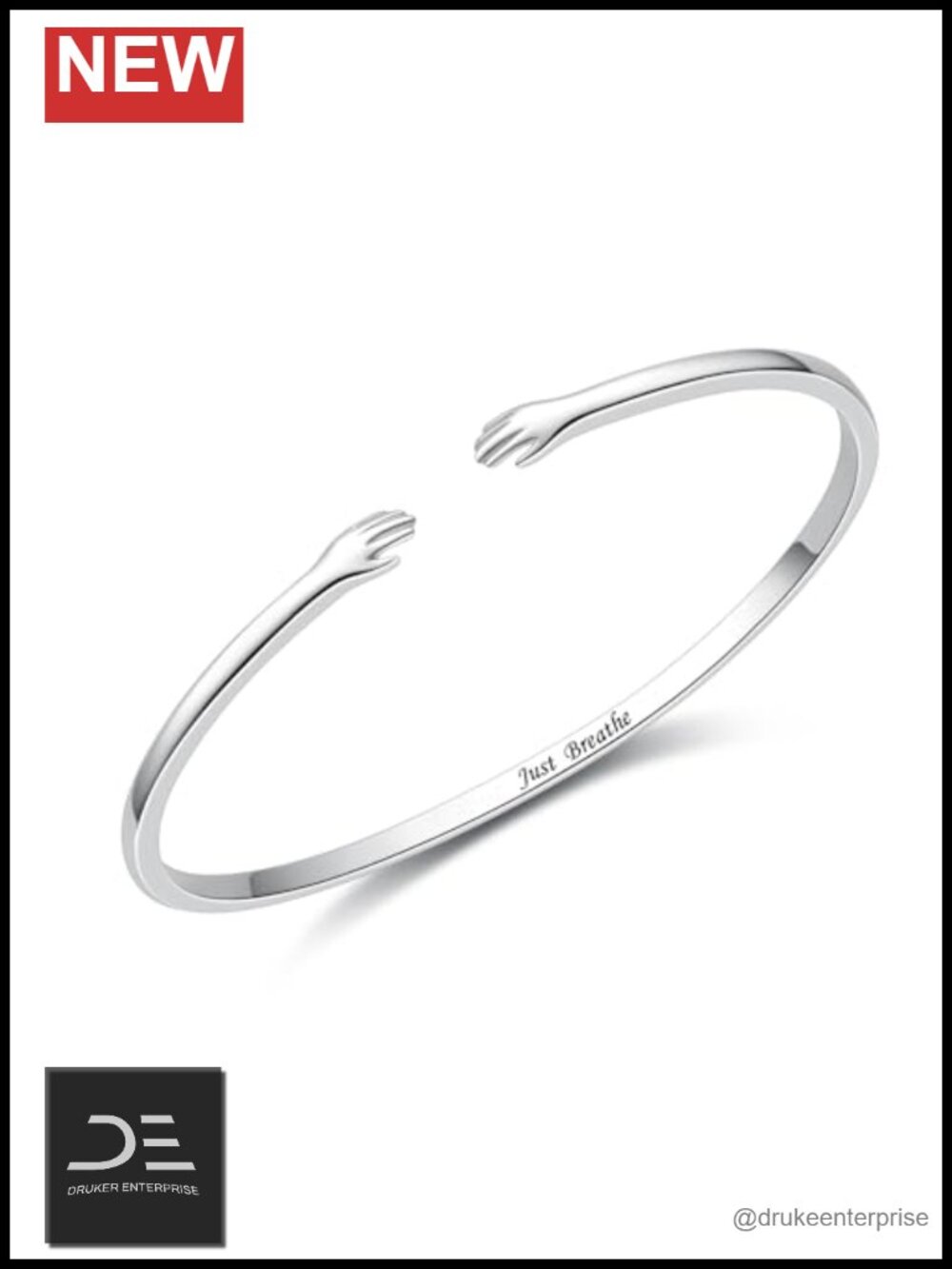 Sterling Silver Hug Cuff Bangle Bracelet Engraved Just Breathe Adjustable